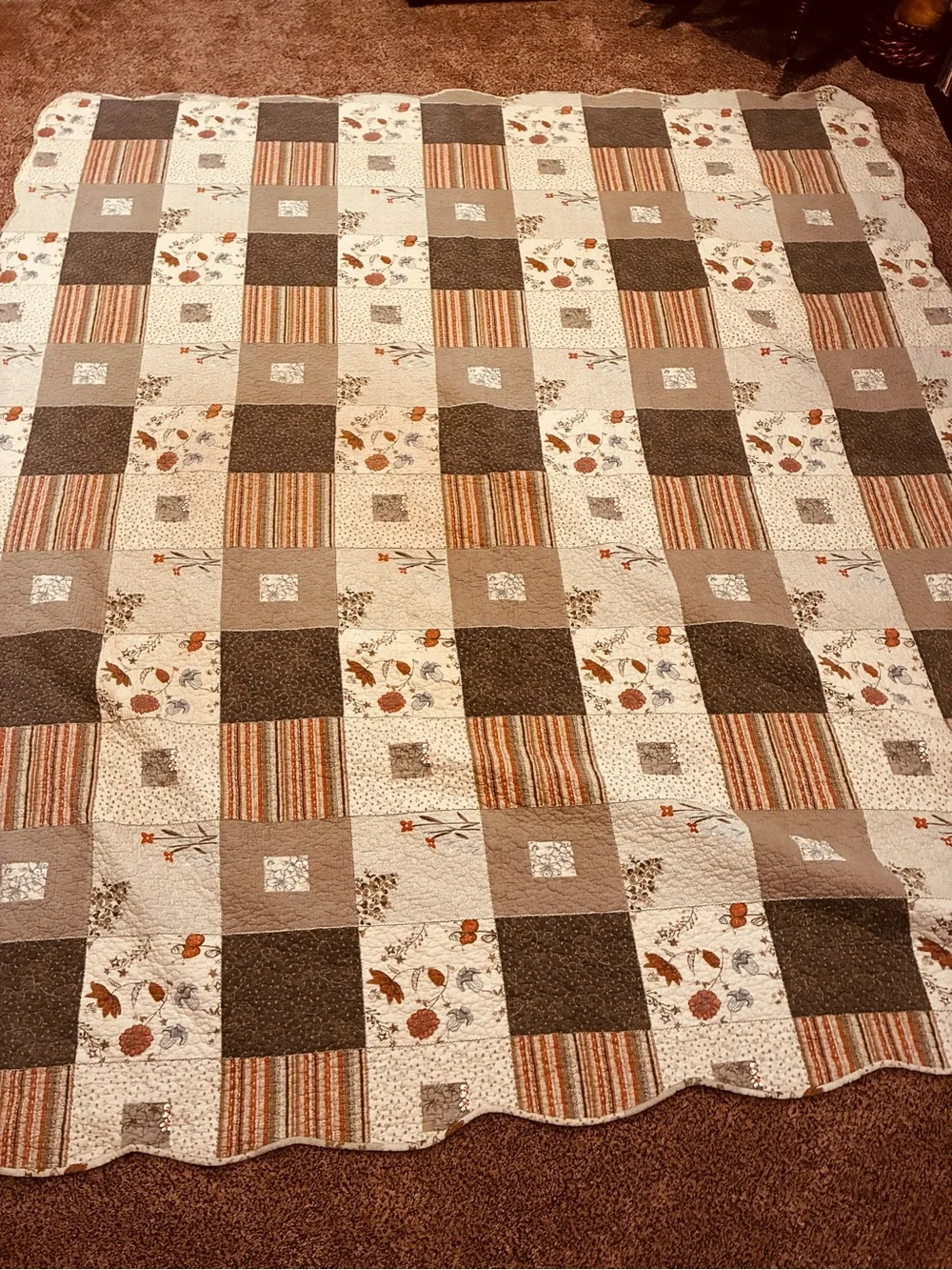 Cottagecore farm core granny core Patchwork king Quilt Brown Cream pillow shams
